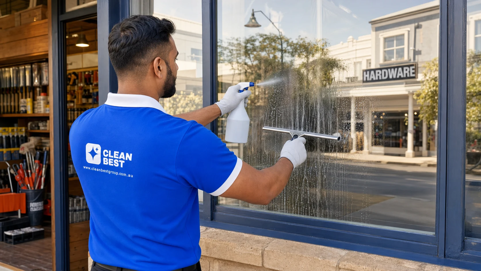 Clean Best commercial cleaner mopping the entry of a suburban building in Newington NSW